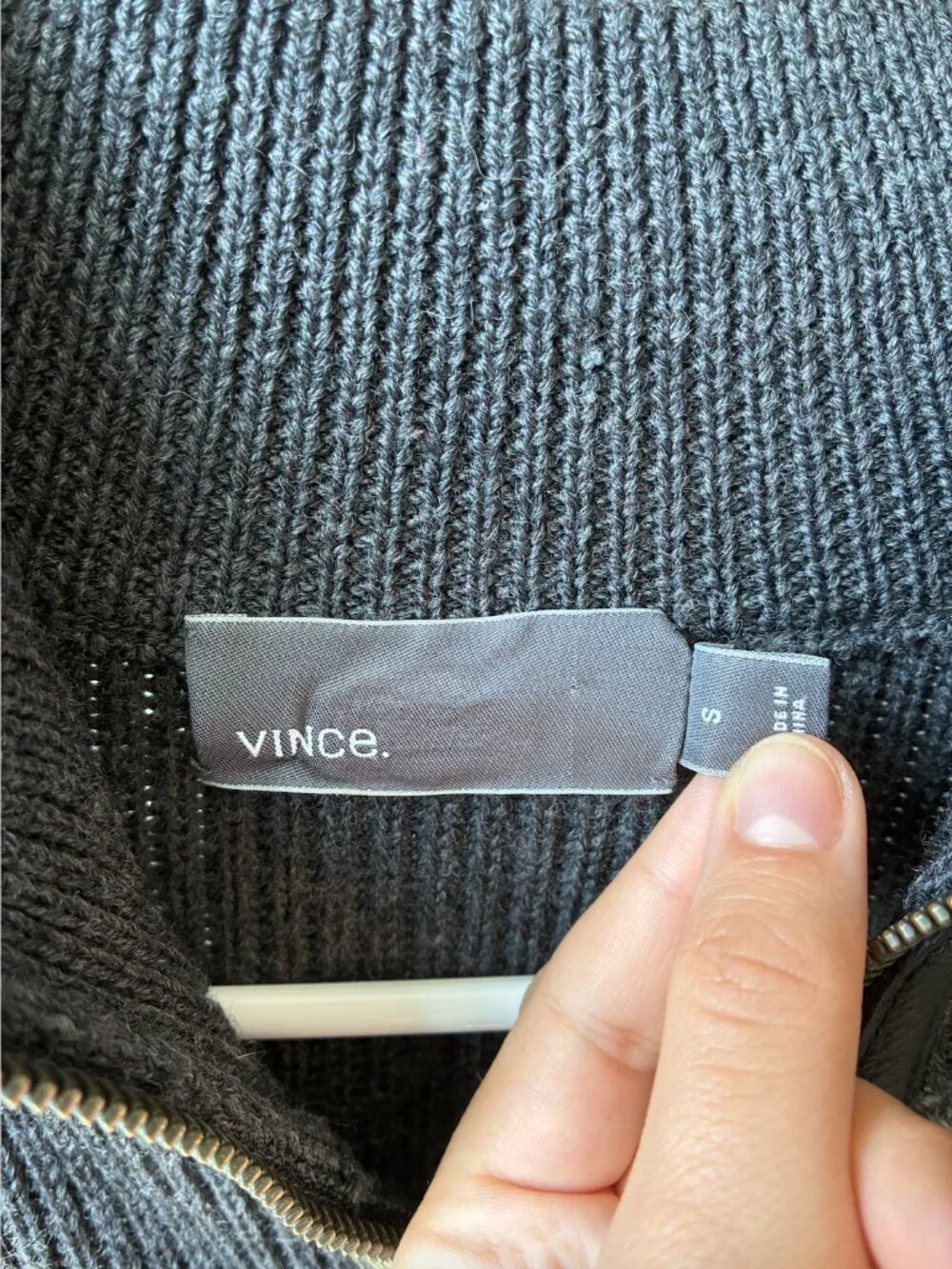 Vince Wool Ribbed Knit Full-Zip Sweater in Dark Gray w/ Leather Details - Size S